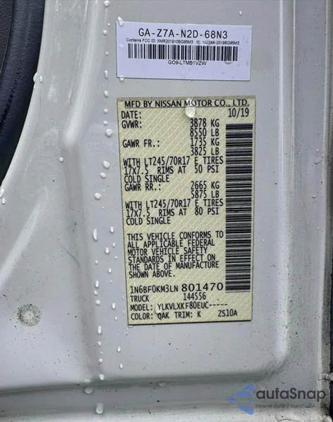 2020 Nissan Nv 1500 S z USA, uszkodzony, nr VIN 1N6BF0KM3LN801470